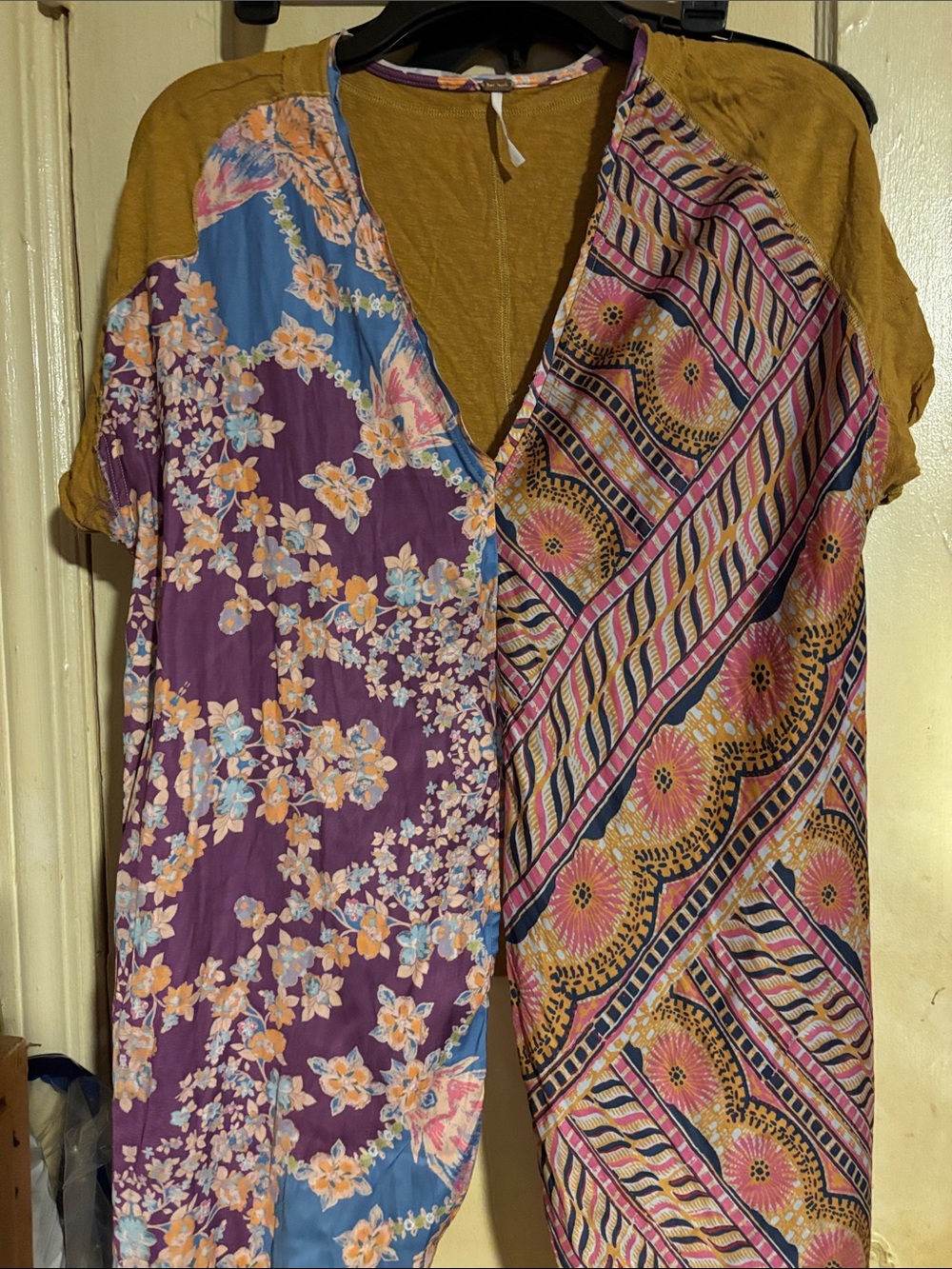 Boho Patchwork V-Neck Women’s Top in Purple and Mustard  Free People mixed print